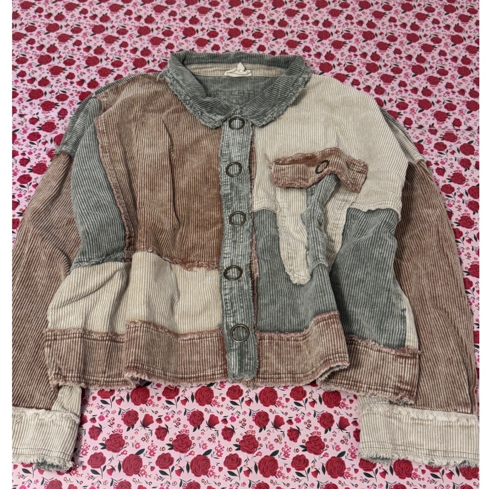 New Patchwork Corduroy Shacket Olive Combo Colorblock Jacket  Medium c3 - Picture 2 of 4